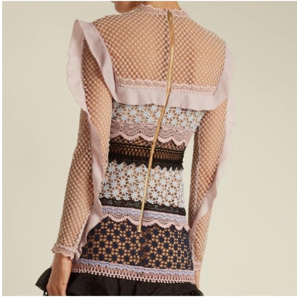 Self Portrait Lace Trimmed Maxi Dress Pink/Blue Floral Sheer Sleeve Size 6 Nwt - Picture 5 of 9